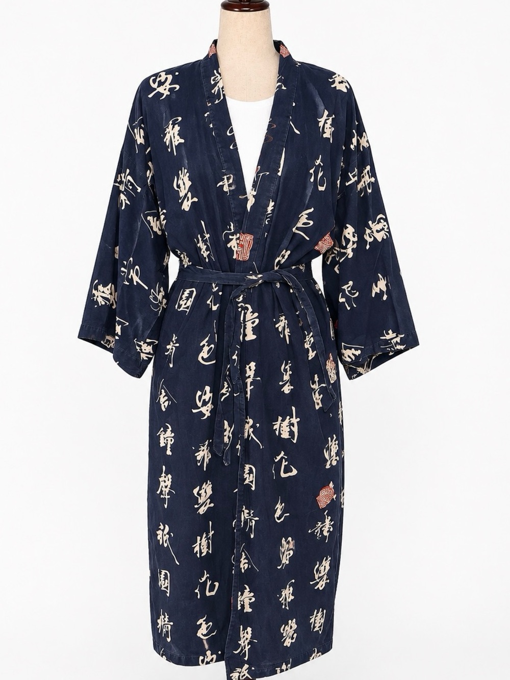 Japanese Cotton Kimono Navy Calligraphy Print Cotton Robe - Women- S